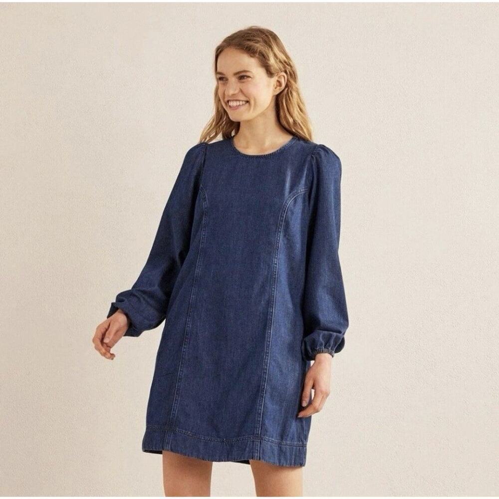 Boden denim Dress Sz 6 Blouson Shift Tencel Chambray Long Sleeve Babaydoll Sprin